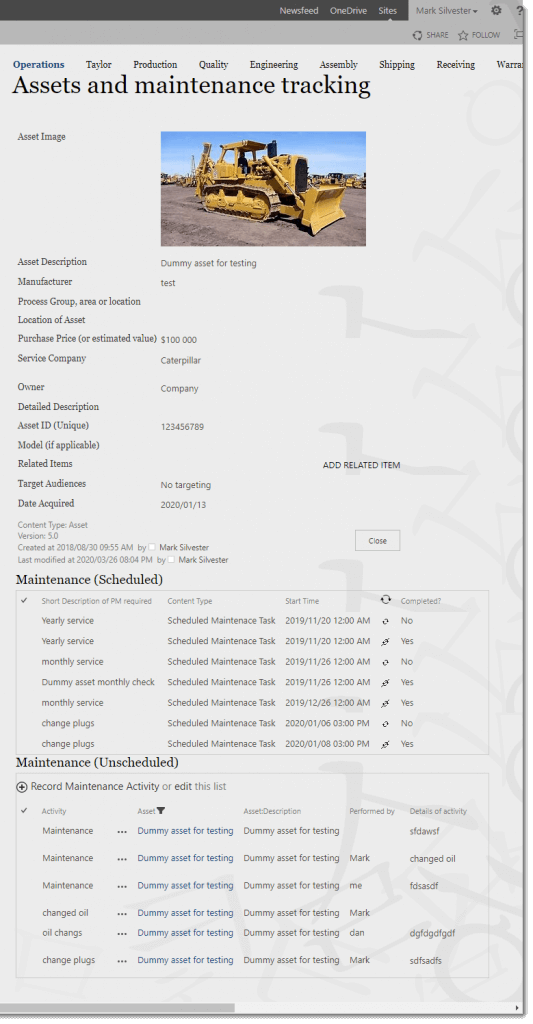 asset list with scheduled and unscheduled maintenance